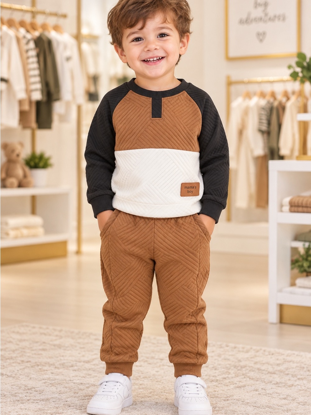 Colorblock Quilted Joggers in Brown for Kids